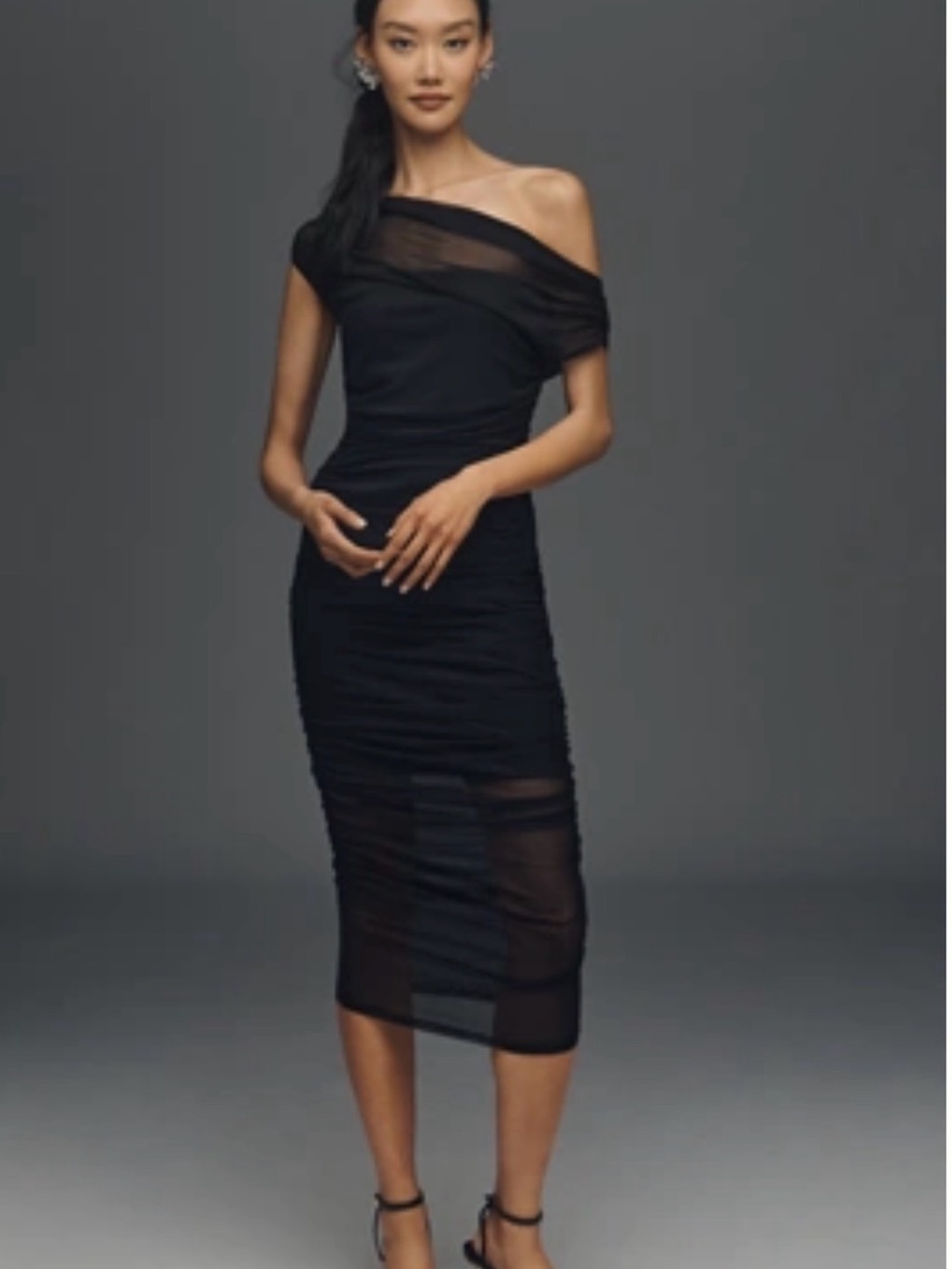Anthropologie Black One-Shoulder Sheer-Panel Midi Dress